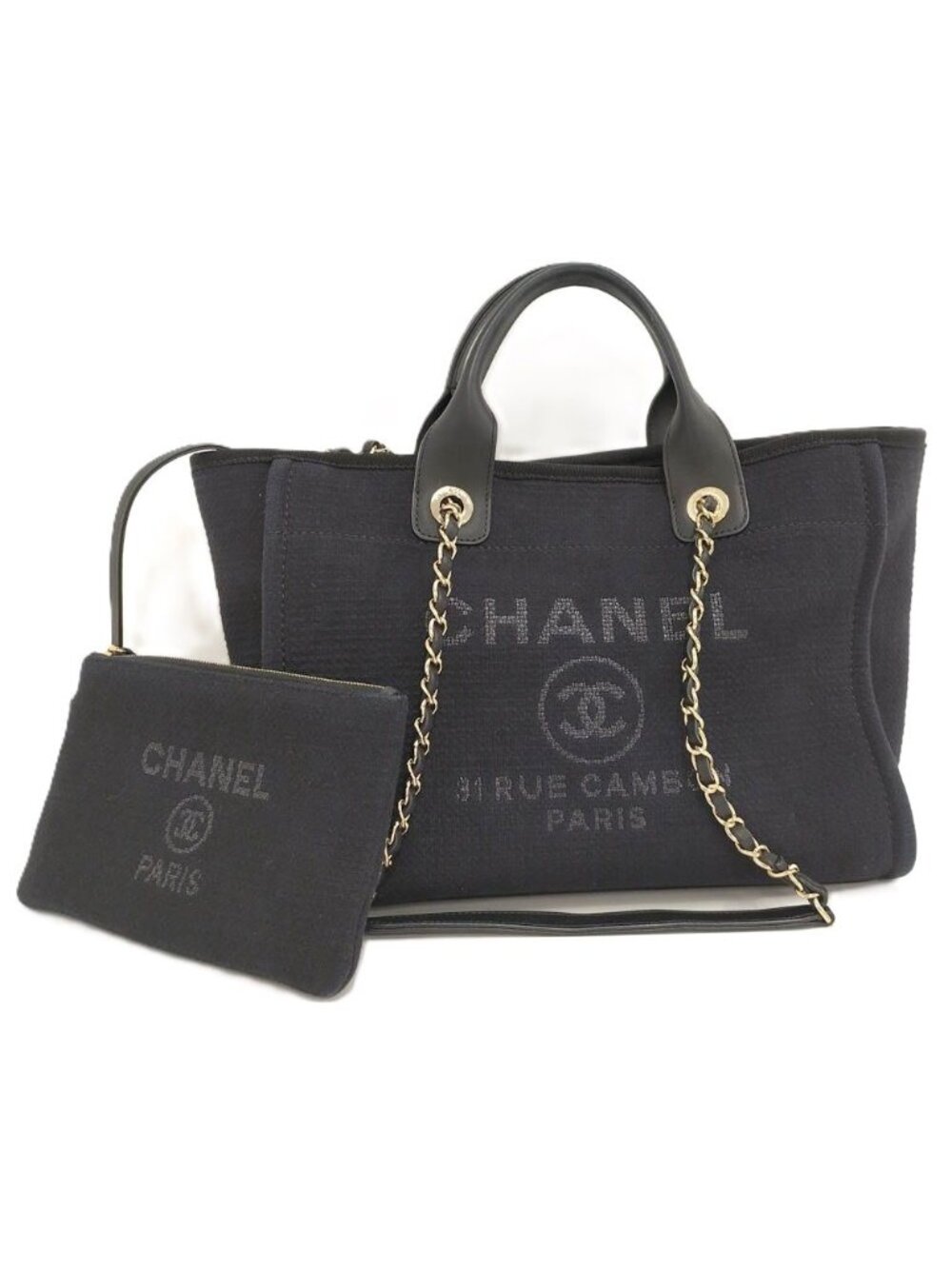 Chanel Deauville 2-Way Tote Bag Chain Shoulder Canvas Navy